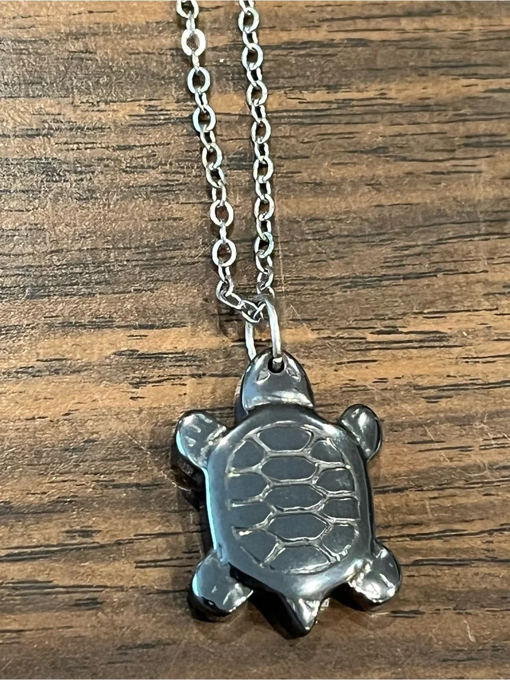 Hematite Turtle Pendant on Silver Tone Chain Necklace